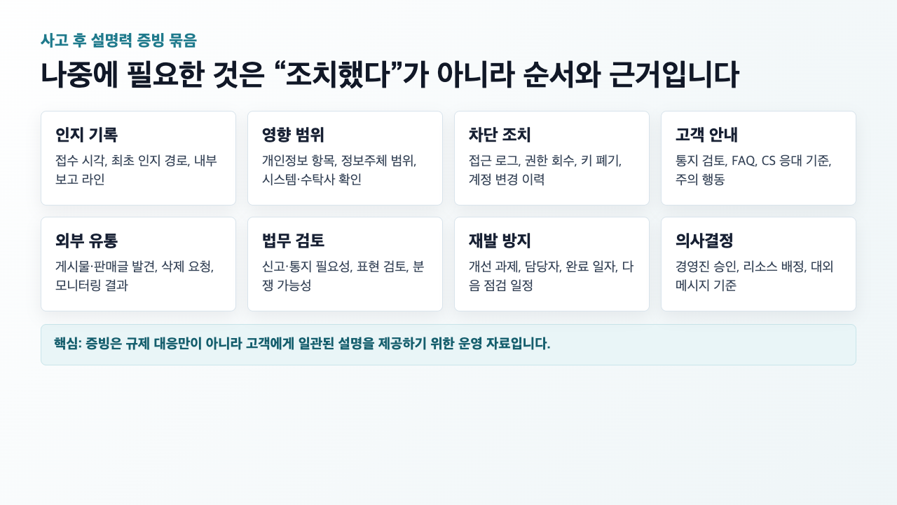 개인정보 사고 후 설명에 필요한 인지 기록 영향 범위 고객 안내 삭제 요청 재발 방지 증빙 묶음