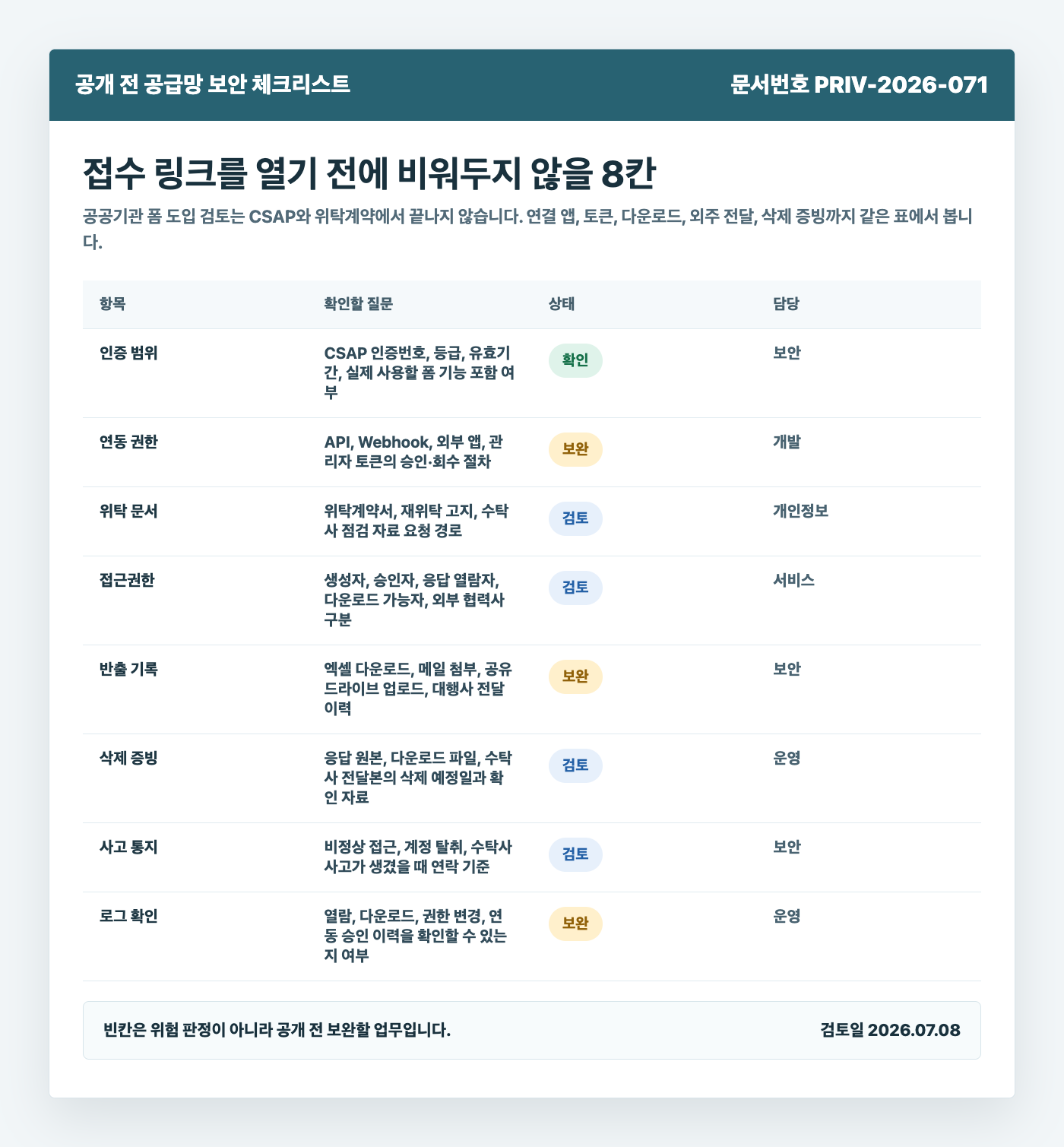공공기관 폼 도입 전 인증 범위, 연동 권한, 위수탁 문서, 접근권한, 반출 기록, 삭제 증빙, 사고 통지, 로그 확인을 점검하는 공급망 보안 체크리스트