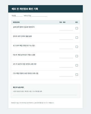 배포 전 개인정보 확인 기록표. 입력 항목, 접근 권한, 로그와 외부 연동, 테스트 설정, API 키, 백업 파일의 보관과 삭제를 기록하는 빈 체크리스트