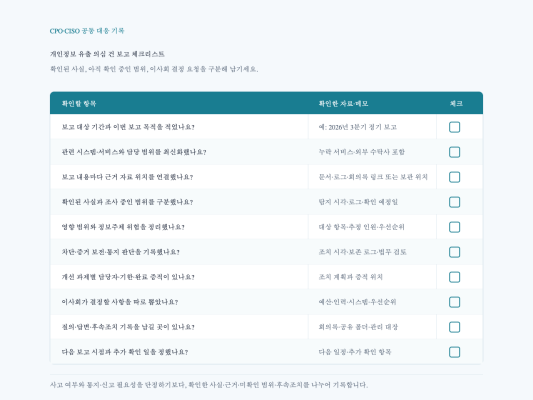 개인정보 유출 의심 건에서 CPO와 CISO가 이사회 보고 전에 확인할 사실·증거·결정 요청 체크리스트