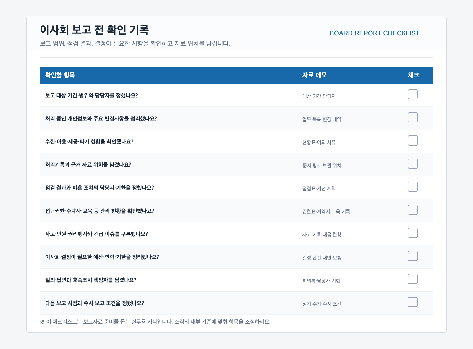 이사회 보고 전 독자가 직접 확인하고 근거 자료와 메모를 남기는 체크리스트