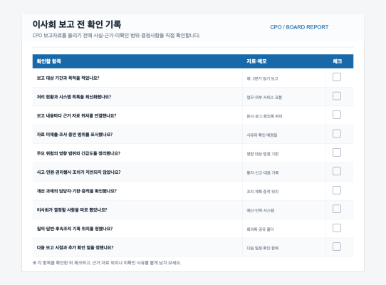 이사회 보고 전 독자가 직접 확인하고 자료·메모를 남기는 CPO 체크리스트